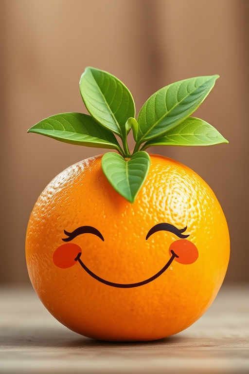 Create an illustration of a smiling orange with green leaves on top, using a wide-angle lens at f/2.8 for shallow depth of field, ISO 100 for crisp clarity, and a soft focus background to enhance the vibrant colors and playful expression.