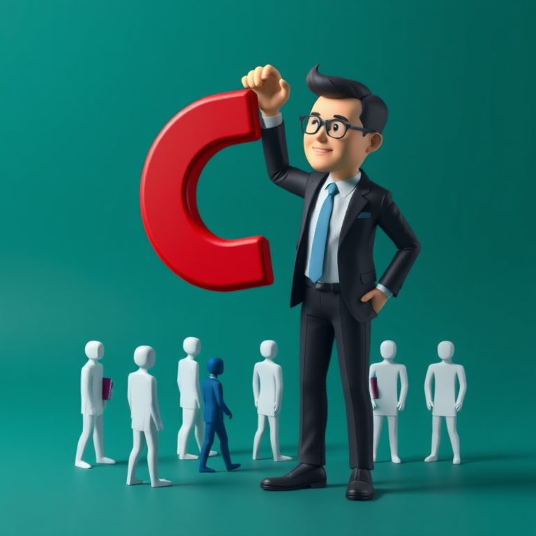 Create a 3D illustration of a businessman using a magnet to attract stylized human figures on a dark teal background, shot with a Canon EOS R5, f/2.8 aperture, ISO 100, and 50mm lens for sharp detail and vibrant colors.