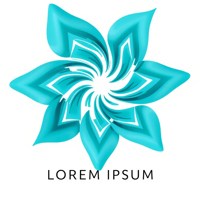 Create an abstract design featuring swirling star-like shapes in shades of turquoise on a clean white background with a modern typographic "LOREM IPSUM" underneath, captured with a DSLR camera at f/8 aperture, 1/60 shutter speed, ISO 100, 50mm lens, in a top-down view with soft diffused lighting to enhance image quality.