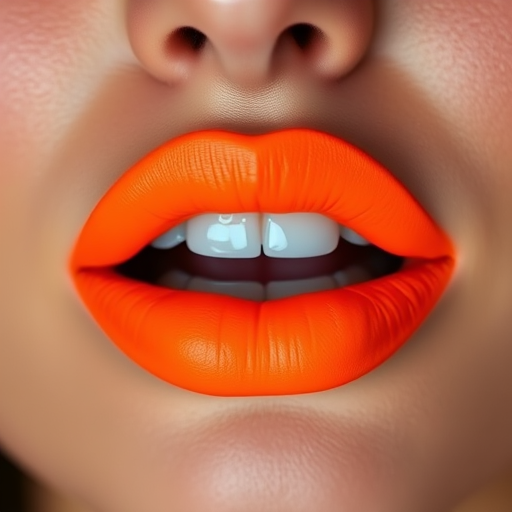 Neon orange lips with a matte finish, vibrant and eye-catching, perfect for making a bold statement and standing out in a crowd