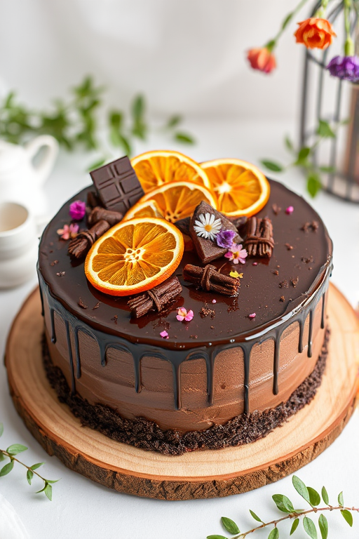 A beautifully decorated chocolate cake topped with dried orange slices dark chocolate pieces and edible flowers placed on a wooden board with a soft white background and a hint of greenery in the scene.