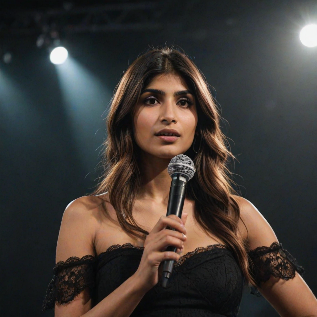 mia khalifa with long, flowing brown hair is standing in the center of the frame, holding a microphone in her right hand, and looking slightly off to the right side of the frame. She is wearing a black, off-the-shoulder dress with delicate lace detailing. The lighting is warm and dramatic, creating a spotlight effect on the singer. There are other figures in the background, blurred and out of focus, suggesting a concert or performance setting. The camera angle is low, capturing the woman from the waist up. The overall atmosphere is intimate and captivating.