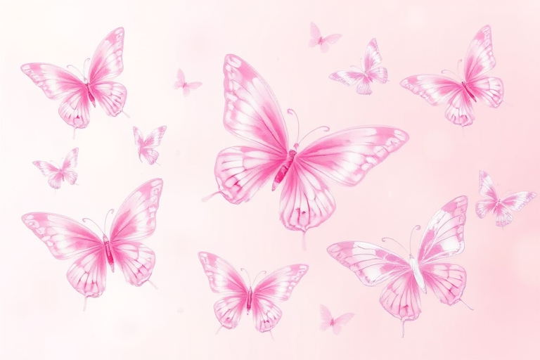 Create a soft and delicate illustration of pink butterflies in various poses. The butterflies should have translucent wings with gentle gradients of pink. Arrange them in a whimsical layout that evokes a sense of lightness and beauty.