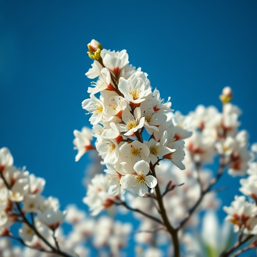 Generate an image of a flowering tree with white blossoms set against a deep blue background, using a DSLR camera with a 50mm lens at f/1.8, 1/2000s shutter speed, ISO 100, balanced composition and vibrant colors.