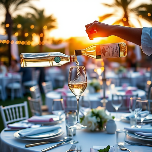 a vibrant outdoor wedding reception with elegantly set tables, a person pouring white wine into a glass, soft golden hour lighting, shallow depth of field, 50mm lens, f/1.8 aperture, ISO 200, natural light photography