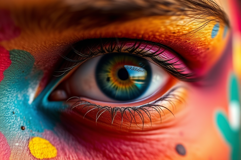 close-up shot of a vividly painted eye with multi-colored face paint, natural light, aperture f/2.8, ISO 100, 50mm lens, macro photography, sharp focus on the eye and vibrant colors