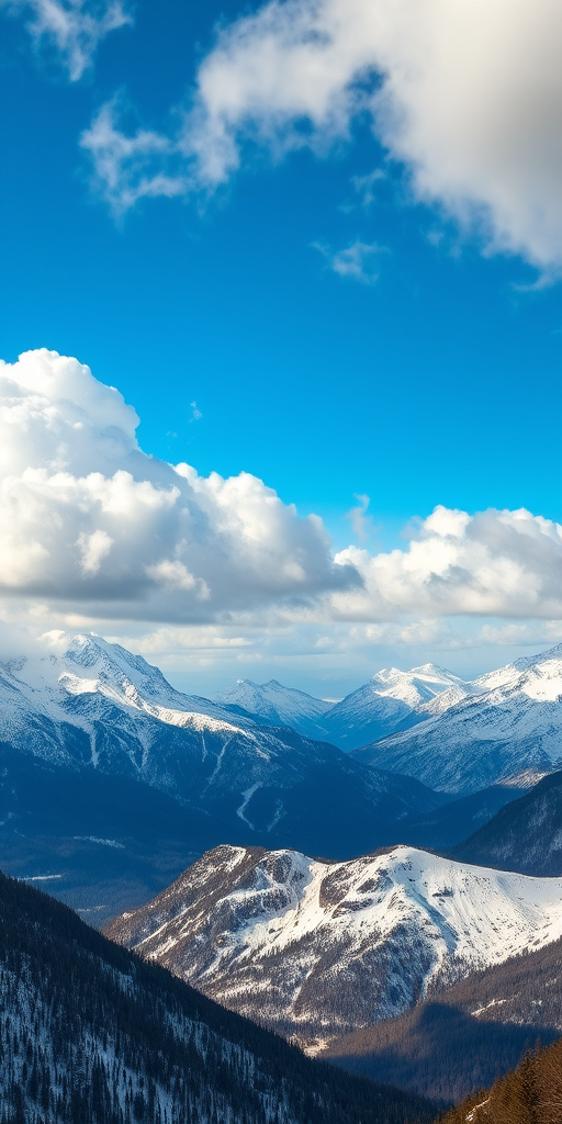 Capture a breathtaking landscape of snow-covered mountains under a blue sky with fluffy clouds, using a DSLR camera with a 24mm lens, aperture set to f/8, ISO 100, at a shutter speed of 1/250 seconds, in HDR style to enhance image quality and detail.