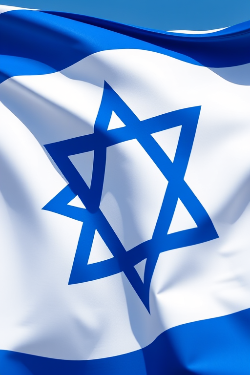Create a high-resolution image of the Israeli flag with a clear blue and white color scheme, captured with a DSLR camera at 50mm focal length, f/8 aperture, ISO 100, in bright daylight, with a slight overhead view.