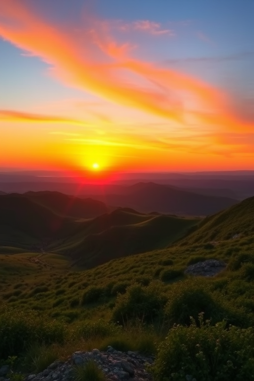 Generate a vibrant landscape scene with a sunset over rolling hills, using a DSLR camera, aperture f/8, shutter speed 1/125 sec, ISO 100, wide-angle view, high dynamic range style.