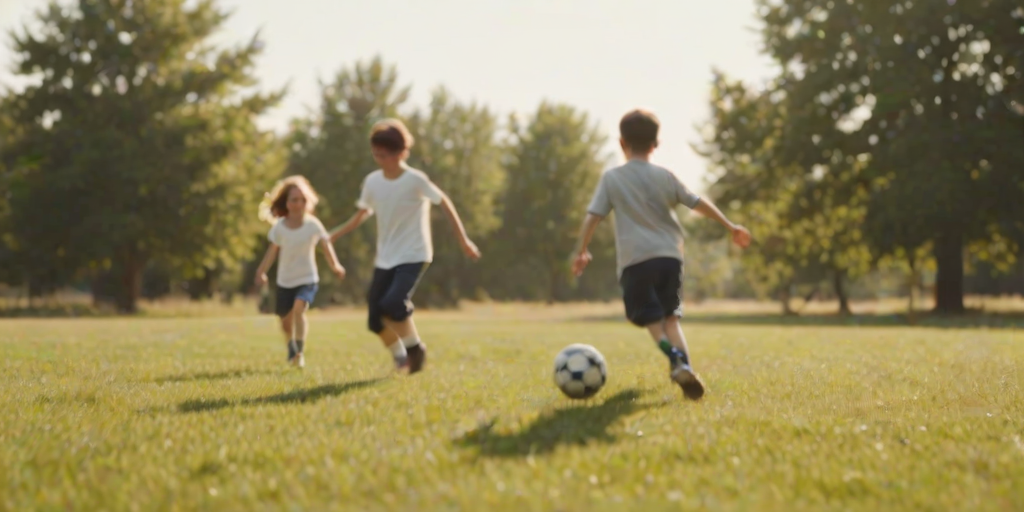 Blurry candid shot of a group of children playing soccer on a sun-drenched field, soft focus on the ball mid-air, with distant trees swaying in the summer breeze.