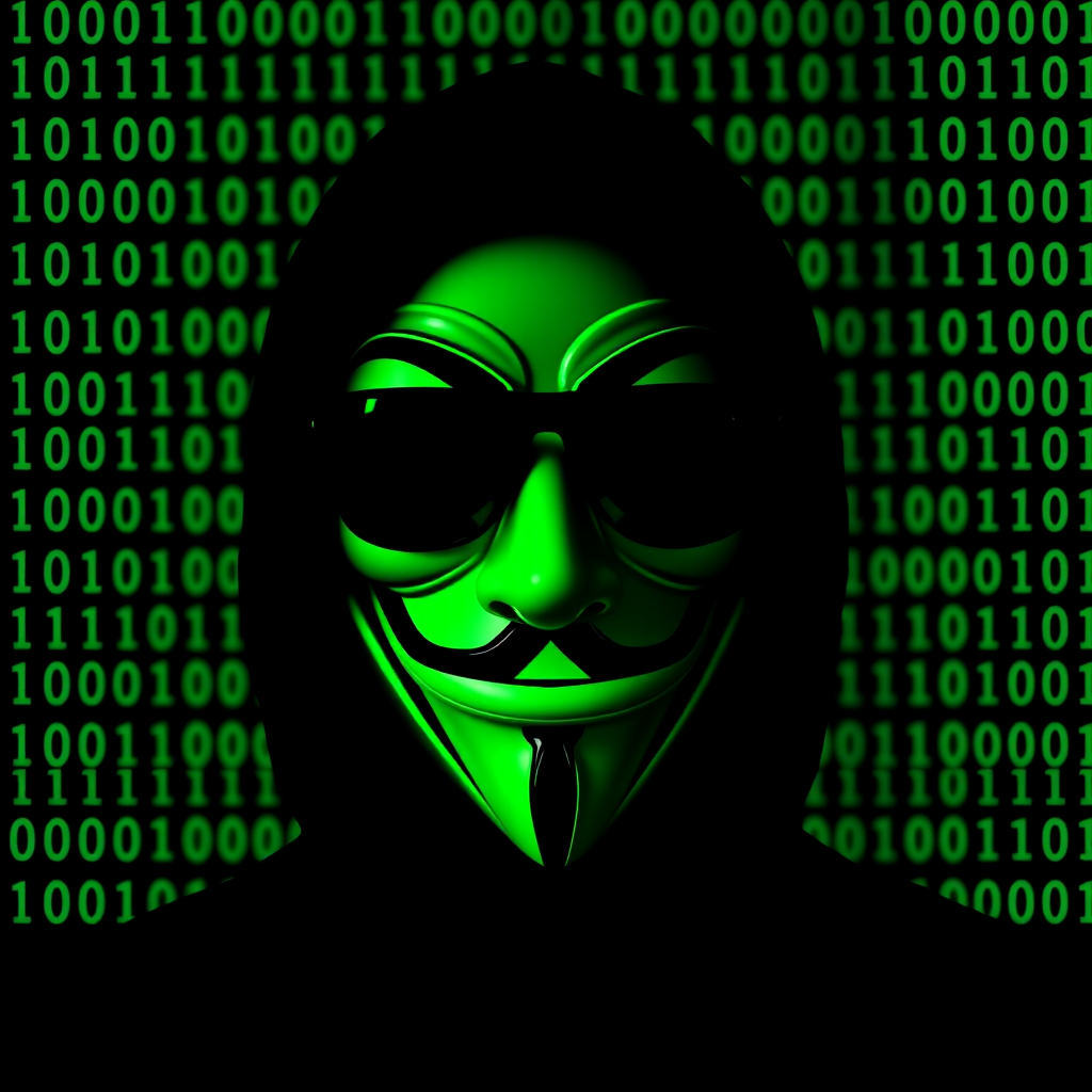 Create an image of a figure wearing a Guy Fawkes mask with sunglasses, surrounded by digital binary code, using a DSLR camera with a 50mm lens, f/1.8 aperture, ISO 100, and a shallow depth of field, in a high-contrast green and black color scheme, with a slight vignette effect.