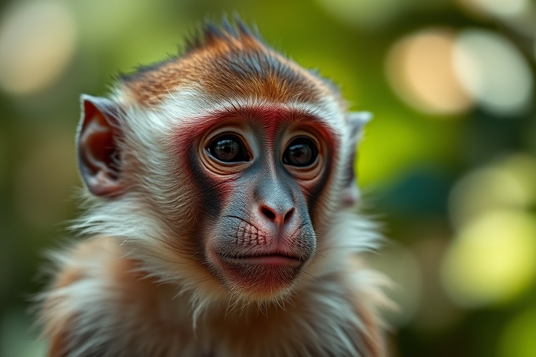 Close-up of a macaque monkey with detailed facial features and soft focus background, natural lighting, f-stop 4, shutter speed 1/250, ISO 200, 85mm lens, DSLR camera, shallow depth of field.