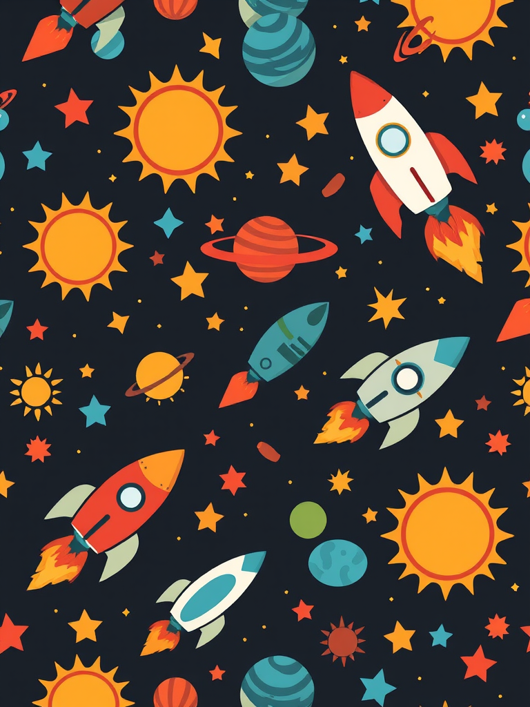Create a whimsical, seamless pattern of colorful rockets, planets, suns, and stars on a dark background, using a digital camera, 50mm lens, f/2.8 aperture, ISO 100, top-down view, soft lighting, and high-resolution settings to enhance image quality.