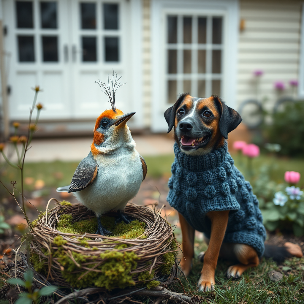 An image of a surreal, whimsical bird, a moss birds nest, sitting nearby is a dog, slightly smiling with a blueberry bobble stitch sweater, muted colors, natural textures, garden at back of house.