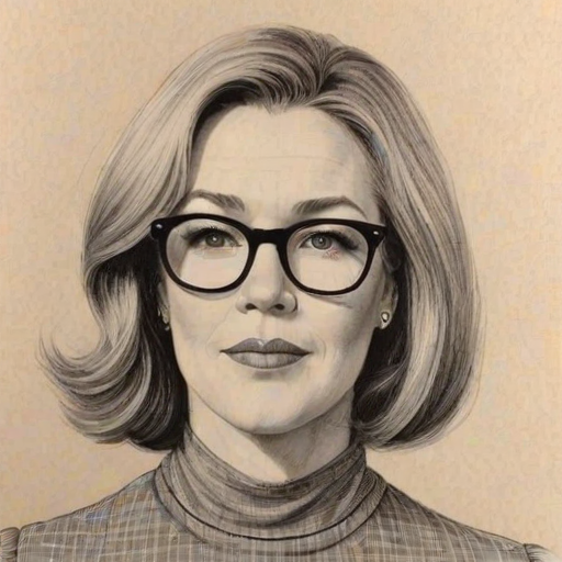 Wonderful Catherine O'Hara, pencil sketch, portrait of Attractive woman 1967s in glasses, hair style beatnik, outline, clear lines, fine lines, 8k