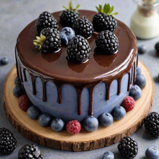 Create an image of a round cake with a smooth blue frosting and a glossy white chocolate drip around the top edge. The cake is decorated with a ring of fresh blackberries and blueberries, along with chocolate sandwich cookies placed strategically around the top. The cake is presented on a simple wooden cake stand.