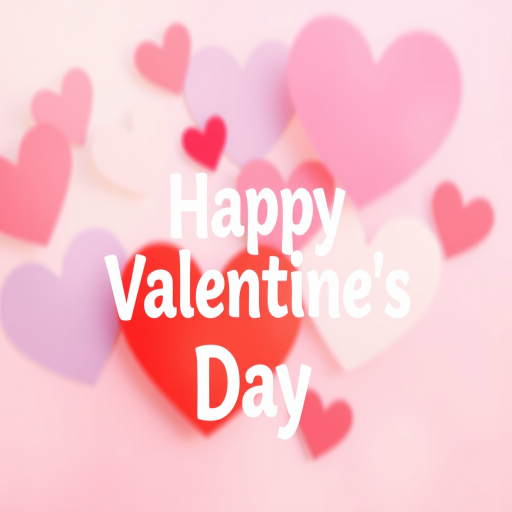 Create a colorful and vibrant Valentine's Day card design with soft, overlapping heart shapes in the background and bold, playful text that says "Happy Valentine's Day" in the foreground, captured with a DSLR camera at f/2.8, 50mm lens, ISO 100, and natural lighting for a bright, cheerful atmosphere.