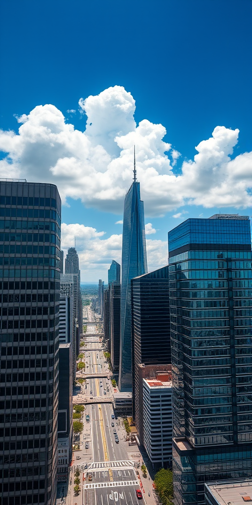 Create a vibrant cityscape image featuring modern skyscrapers and a clear blue sky with fluffy white clouds, taken from a high vantage point using a Canon EOS R5 camera with a 24-70mm f/2.8 lens, aperture set to f/8, ISO 100, shutter speed 1/200s, in daylight, with a wide-angle view to capture the full urban landscape.