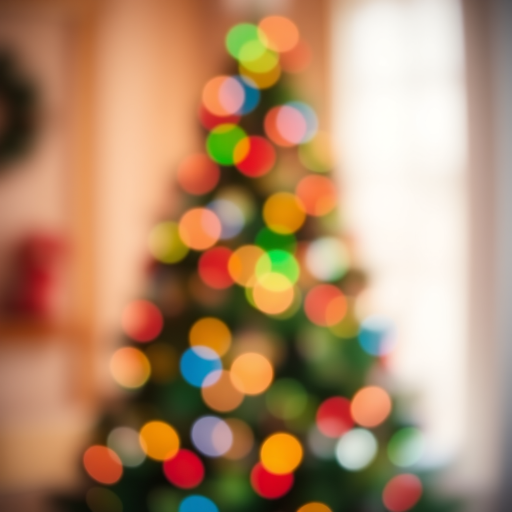 Create an abstract image of a softly blurred Christmas tree with colorful lights in various shades of red, green, blue, and yellow, creating a warm and festive atmosphere. The background should suggest a cozy holiday setting with a gentle bokeh effect.