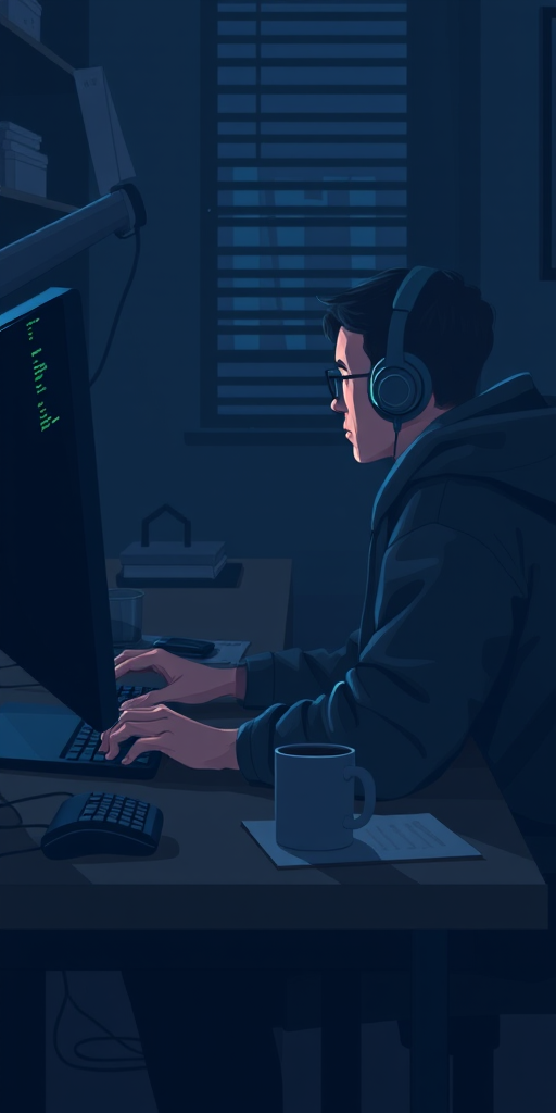 Create a digital illustration of a programmer working late at a desk with a computer displaying code, wearing headphones and a hoodie, with a coffee mug beside them, in a dimly lit room, captured in high resolution with a Canon EOS R5, 50mm lens, f/1.8 aperture, ISO 200, shallow depth of field, and soft diffused lighting for a moody atmosphere.