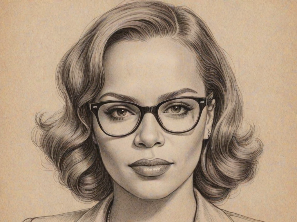 Wonderful Faith Evans, pencil sketch, portrait of Fascinating woman 1938s in glasses, hair style beatnik, outline, clear lines, fine lines, 8k