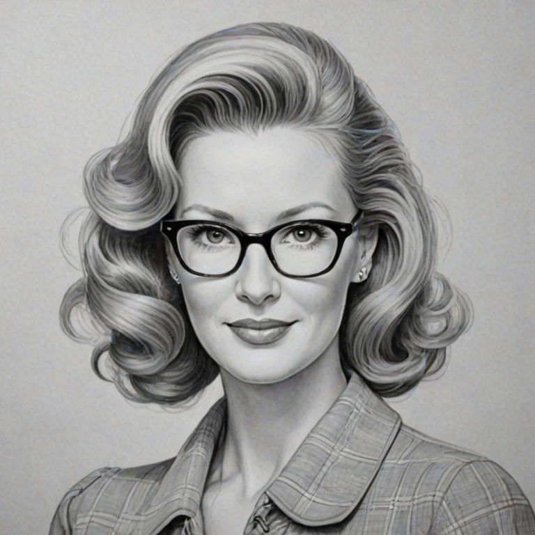 Captivating Sandra Lee, pencil sketch, portrait of Wonderful woman 1945s in glasses, hair style beatnik, outline, clear lines, fine lines, 8k