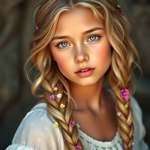 Create an image of a young Mestizo woman with long, wavy blonde hair, adorned with small, colorful flowers woven into her braids and loose strands. Her complexion is fair, with soft, glowing skin, and she has light blue eyes that gaze softly at the viewer. She wears a light, flowing dress with a gentle, ethereal quality, complementing her delicate and serene appearance. The background is slightly blurred, drawing focus to her tranquil expression and the intricate details of the flowers in her hair. The overall mood of the image is one of natural beauty and grace, evoking a sense of peacefulness and connection with nature.