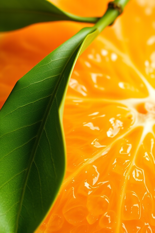 Create a high-resolution illustration of a fresh orange with a green leaf, using a Canon EOS 5D Mark IV camera, aperture set to f/8, ISO 100, in a close-up view, with natural diffused lighting to enhance colors and texture.