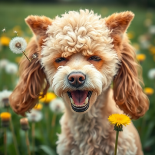 An expressive image of a poodle dog in a comedic situation where it appears to be sneezing. The dog's eyes are squeezed shut, and its ears flap as the force of the sneeze is illustrated. Mouth slightly open, visible sneeze particles flying in the air. In the background, a lush green field full of seed head dandelions.