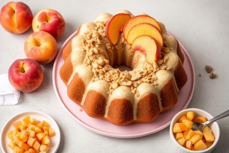 A beautiful bundt cake topped with peach slices and a crumbly topping placed on a light pink plate surrounded by fresh peaches and a small plate of diced peaches with a spoon on a neutral background.
