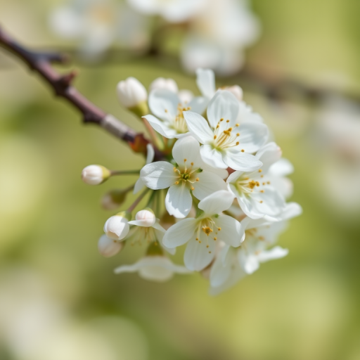 macro shot of blooming white flowers on a branch with a soft green background, aperture f/2.8, shutter speed 1/200s, ISO 100, DSLR camera, natural lighting, shallow depth of field