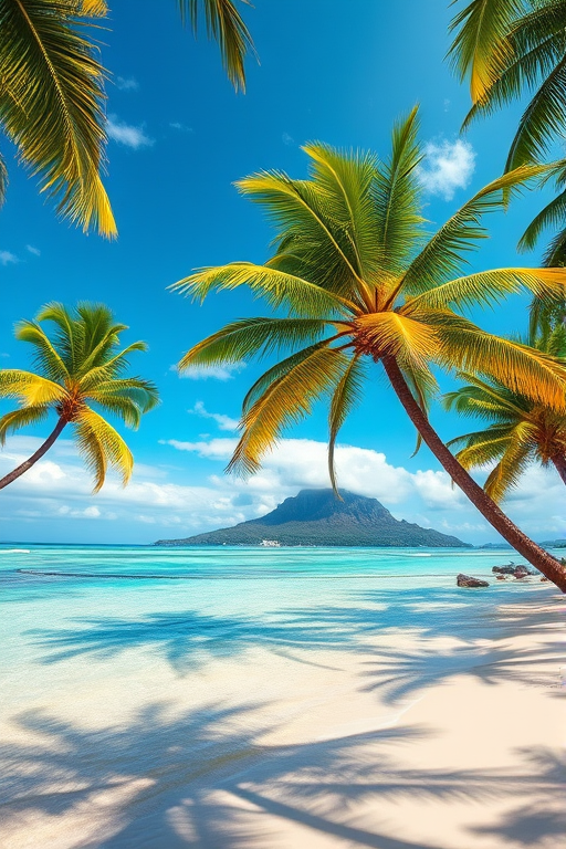 generate a tropical beach scene with vibrant colors, lush palm trees, clear blue water, a distant mountain, and a bright sky with fluffy clouds, use a Canon EOS R5, 24mm lens, f/8 aperture, ISO 100, and a wide angle view for enhanced depth and detail