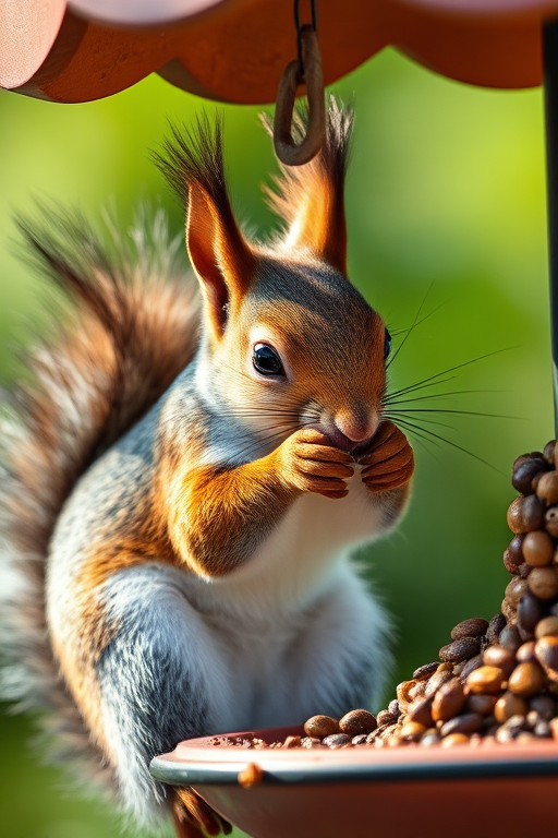 squirrel eating from a feeder, natural light, f/5.6, ISO 400, 1/200 sec, focal length 100mm, macro lens, close-up shot, soft focus background, captured with a DSLR camera