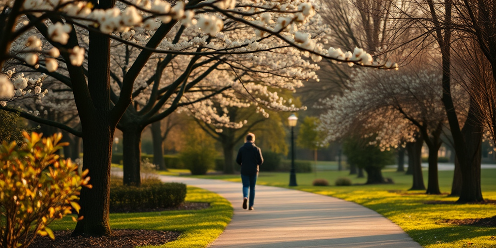 capture a serene park scene with a person walking down a path surrounded by blooming trees and lush greenery, use a Canon EOS R5 with a 50mm lens, aperture f/2.8, shutter speed 1/200s, ISO 100, focus on the subject walking away, golden hour lighting for a warm tone, shallow depth of field to blur the background slightly