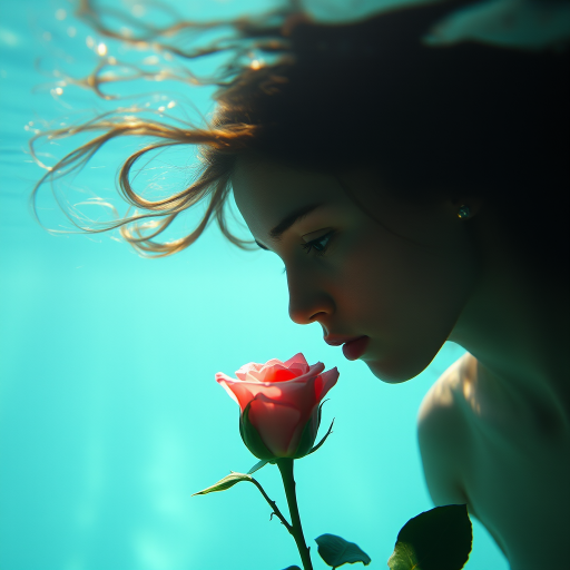 A woman underwater, gazing at a rose Her face is reflected in the water's surface The scene is illuminated by sunlight filtering through the water The atmosphere is serene and contemplative