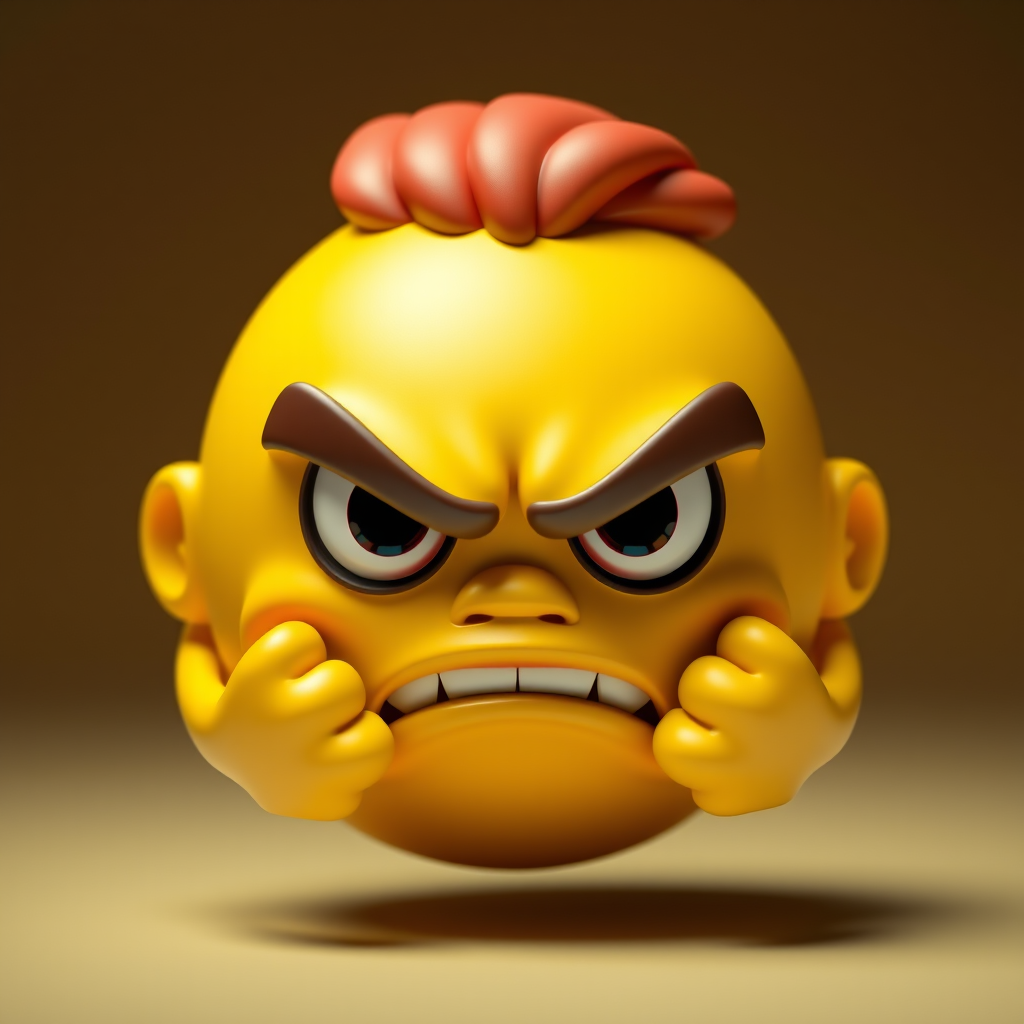 Create a 3D render of an angry yellow emoji with furrowed brows and clenched fists, using a Canon EOS R5 with a 50mm f/1.8 lens, set at ISO 100, aperture f/2.8, and a focus on vibrant colors and sharp details.