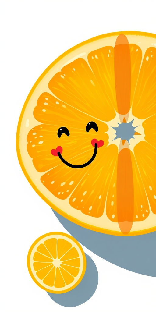 Create a vibrant, high-resolution illustration of a smiling orange slice, flat design, soft shadows, captured with a 50mm lens at f/2.8, top-down view, using a digital drawing style.