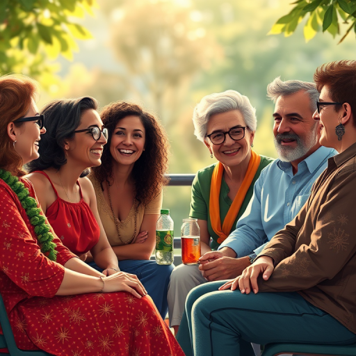 Generate a vibrant illustration of seven people sitting together, engaging in lively conversation, with rich textures and details, using a Canon EOS 5D Mark IV, 50mm lens, aperture f/1.8, ISO 100, shallow depth of field, natural lighting, and a soft focus background.