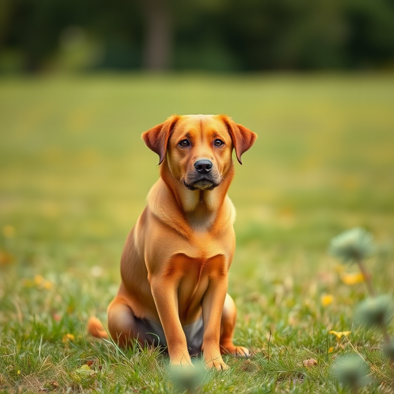 A high-quality photograph of a brown dog sitting on grass with a blurred background, taken with a DSLR camera at f/2.8 aperture, 1/500 shutter speed, ISO 200, using a 50mm lens in natural light.