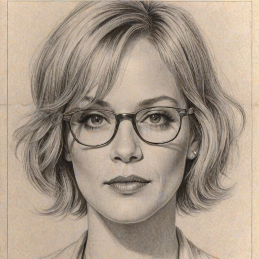 Comely Melanie Griffith, pencil sketch, portrait of Radiant woman 1923s in glasses, hair style beatnik, outline, clear lines, fine lines, 8k