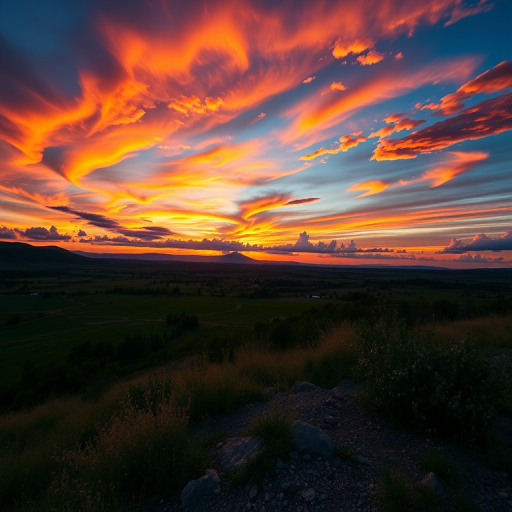 Create a high-resolution image of a scenic landscape during sunset with vibrant colors and dynamic clouds using a DSLR camera with a 24mm lens at f/8, ISO 100, and a shutter speed of 1/125 sec, capturing a wide-angle view for expansive depth.
