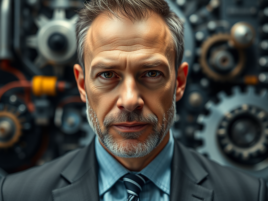 Create a highly detailed portrait of a businessman in front of a complex mechanical background, using a Canon EOS R5 with a 50mm f/1.2 lens, set at ISO 100, aperture f/2.8, shutter speed 1/125 sec, shot at eye level with a medium close-up view, focusing on sharpness and contrast for enhanced image quality.