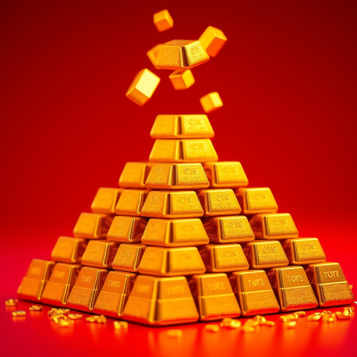 create a 3D rendering of a pyramid of golden ingots with several ingots floating above it, vibrant red background, use a Canon EOS R5, 50mm f/1.2 lens, aperture f/2.8, shutter speed 1/125s, ISO 100, focus on the ingots with a soft bokeh effect