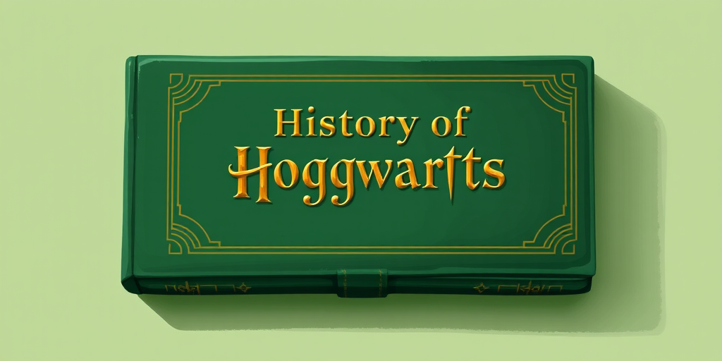 Create an illustration of a green book titled "History of Hogwarts" with a gold embossed title and an emblem on the cover, photographed with a DSLR camera at f/5.6 aperture, ISO 100, 50mm lens, natural light, top-down view, enhancing the texture and colors of the book against a soft green background.