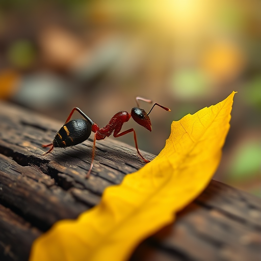 illustration of an ant on a log with a yellow leaf in a natural setting, depth of field: f/4, ISO 100, 50mm lens, macro view, digital illustration style, high contrast and vibrant colors