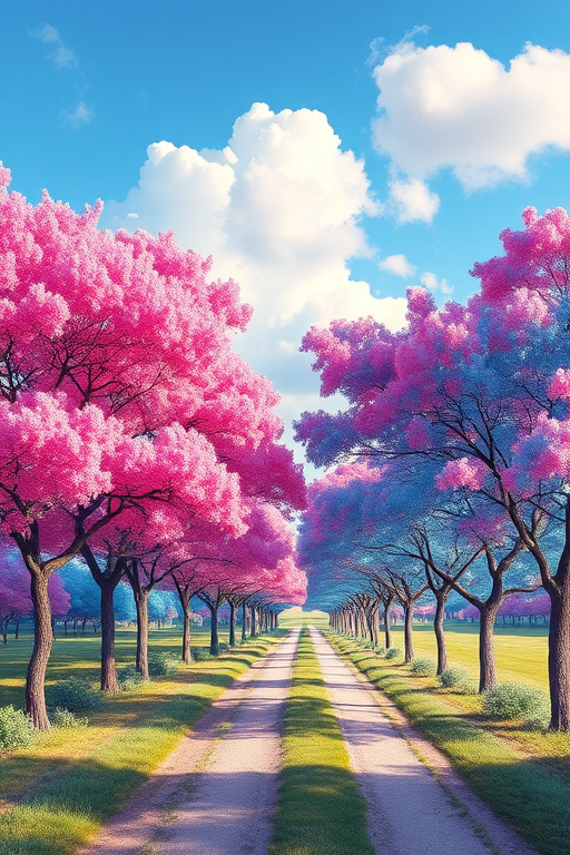 colorful cartoon landscape with vibrant pink and blue trees lining a pathway, soft fluffy clouds in a bright blue sky, high detail, 85mm lens, f/2.8 aperture, ISO 100, shoot in early morning light, DSLR camera