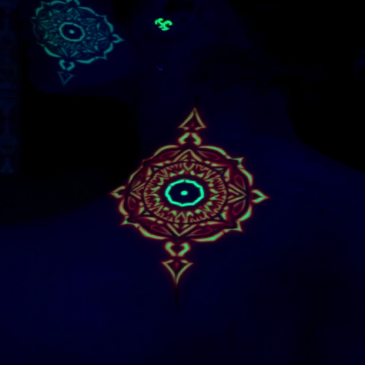 Glow-in-the-dark tattoo titled "Luminous Secrets" featuring intricate patterns or symbols that are invisible in daylight but illuminate under UV light, creating a magical and interactive experience