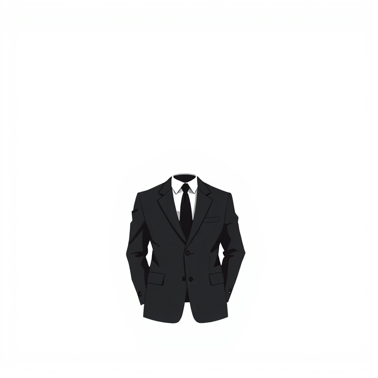 Create a high-resolution illustration of a black suit without a head, set against a plain white background, using a digital painting style with sharp line work and soft shading, configured with a virtual camera at a 50mm focal length, f/2.8 aperture for a slight depth of field effect.