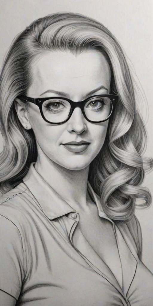Fascinating Wendi McLendon-Covey, pencil sketch, portrait of Pleasing woman 1955s in glasses, hair style beatnik, outline, clear lines, fine lines, 8k