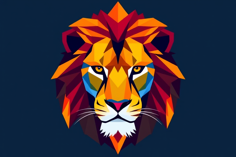 Create a high-resolution geometric lion head illustration with a symmetrical design using vibrant colors, 85mm lens, f/2.8 aperture, ISO 100, shot from a frontal view with a digital camera for enhanced clarity and depth.